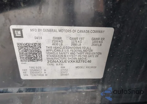 2019 Chevrolet Equinox Lt из США, поврежденный, VIN 2GNAXUEVXK6279146